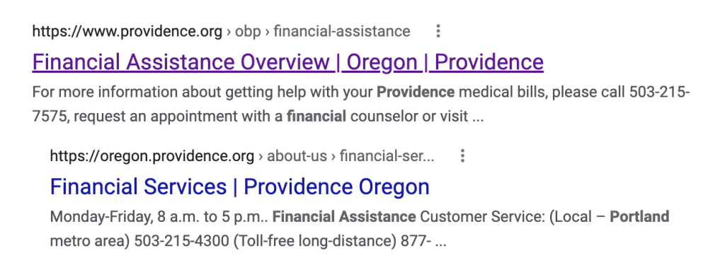 Resultados de búsqueda de póliza de asistencia financiera de Oregon Providence Hospital